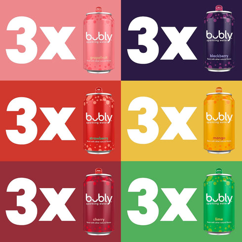 6 Pack 12 Oz (Pack 18) bubly Sparkling Water, Flavor Variety (Blackberry, Lime, Cherry, Grapefruit, Strawberry, Mango)
