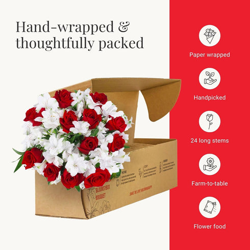 BloomsyBox Forever Blooming Bouquet Fresh Red Roses & White Alstroemeria (Glass Vase Included) Fresh Flowers