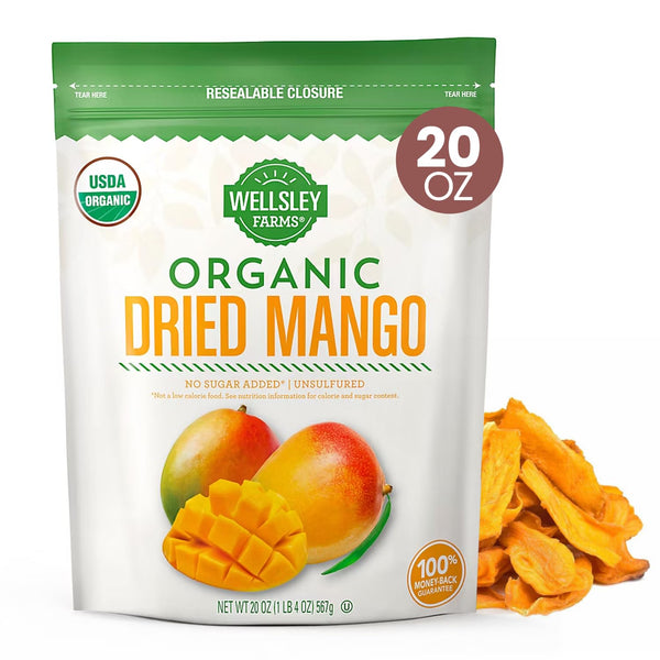 Wellsley Farms Organic Dried Mango - Vegan Friendly & Low Sodium Dried Fruit -