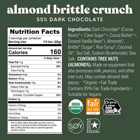 55% 6 Pack Theo Chocolate Almond Brittle Crunch Organic Dark Chocolate Bar, Cacao, | Vegan, Fair Trade