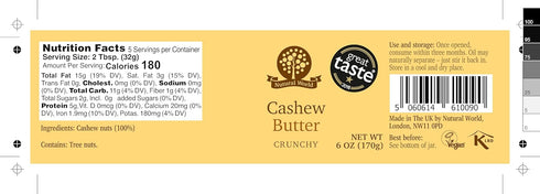 6 Oz (170g) Nutural World - Crunchy Cashew Nut Butter Great Taste Award winner