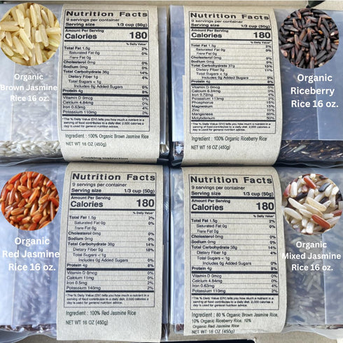 Set 4 4 LB Organic Thai Jasmine Rice Gift - Kinds of Rice - Brown Jasmine - Red Jasmine - Black Jasmine Riceberry