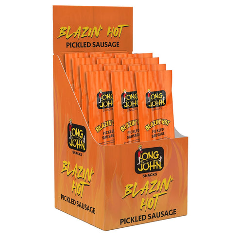12 Pack Long John Snacks Blazin' Hot Pickled Sausage - Smoked Gourmet Meat Stick - Hot Pickled Sausages High Protein