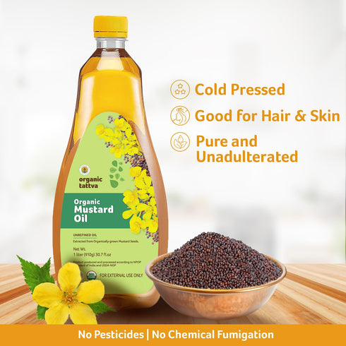 (1 3 Organic Tattva Cold Pressed Mustard Oil Litre) - Fresh Unrefined Organic Mustard Oil for Hair, Skin Care