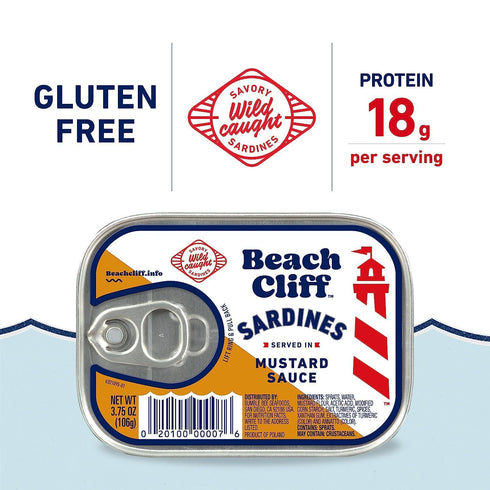 3.75 oz 16g (Pack 6) Beach Cliff Wild Caught Sardines in Mustard Sauce, Can - Protein per Serving - Gluten Free, Keto