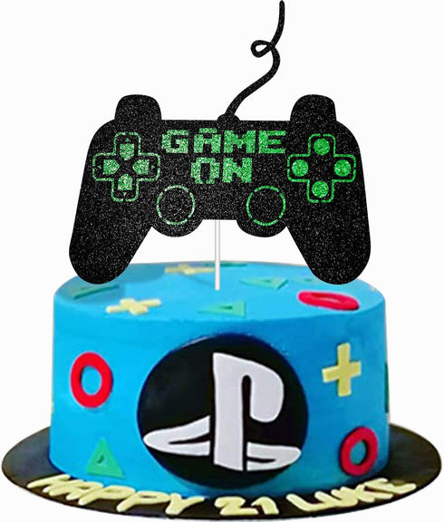 Game On Big Cake Topper - Black and Green Glitter Video Game Controller Cake Decorations for Kids