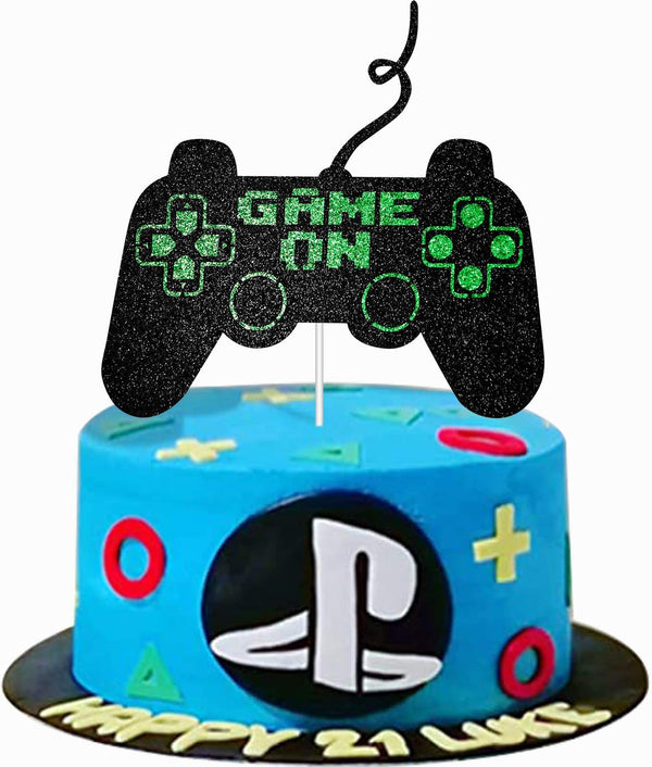 Game On Big Cake Topper - Black and Green Glitter Video Game Controller Cake Decorations for Kids
