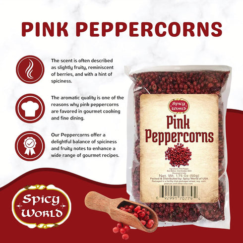 Spicy World Whole Pink Peppercorns, 1.75Oz Bag - Premium Quality, Vegan, Steam Sterilized