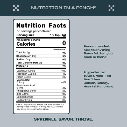 100% 100% 53 Pluck Pure Beef Organs Powder | Liver, Kidney, Spleen, Heart, & Pancreas from Grass Fed & Grass Finished