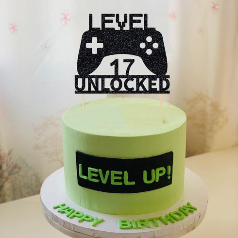 Video Game Cake Topper Level 17 Unlocked, Game Controller Decoration for 17th Birthday Party