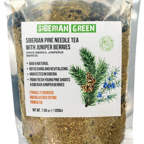 200g (7.05oz) Siberian Green Pine Needle Tea Loose Powder with Juniper Berries Wild Harvested Pinus Sibirica Juniperus
