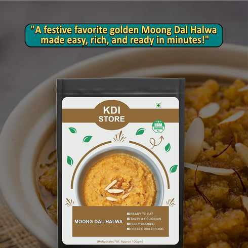 Store 55g KDI Moong Dal Halwa, Ready to Eat, Organic USDA Certified, Freeze Dried Indian Sweet, Fully Cooked