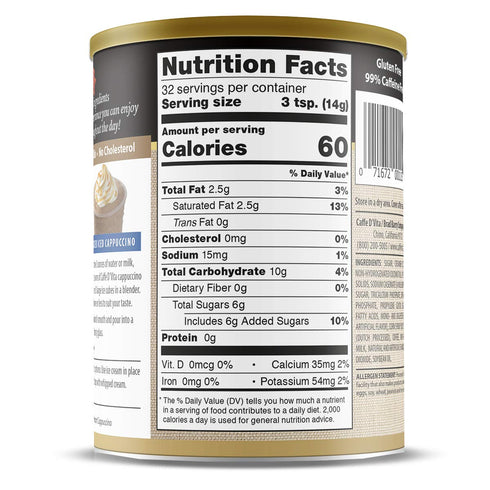 99% 1 lb. (16 oz.) Caffe D'Vita Amaretto Cappuccino Mix - No Cholesterol, No Trans Fat, Caffeine Free, Gluten Free