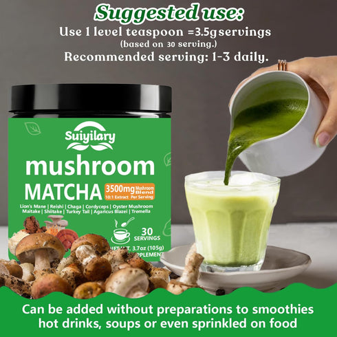 10 Immunity 30 Suiyilary Mushroom Matcha Powder with Lion's Mane, Reishi, Mushroom Polysaccharides & More, Japanese