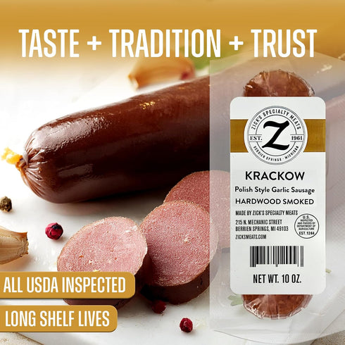 (10 oz) Zick's Krackow Smoked Sausages | Savory Garlic Polish Sausage, Pork & Beef Sausages, Dried Meat Snacks for Any