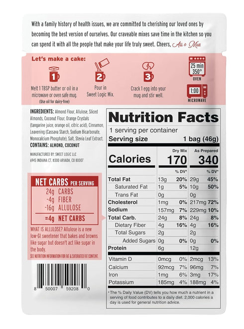 Sweet Logic Keto Dessert Mug Cake Mixes, Orange Almond, Low Sugar, Gluten-Free, 4 Pack