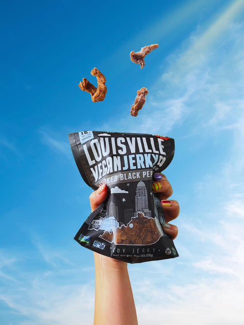 Louisville Vegan Jerky, Smoked Black Pepper, 19 Grams Non-GMO Soy Protein, Gluten-Free High Protein Snacks, 3 oz, 3 Pack