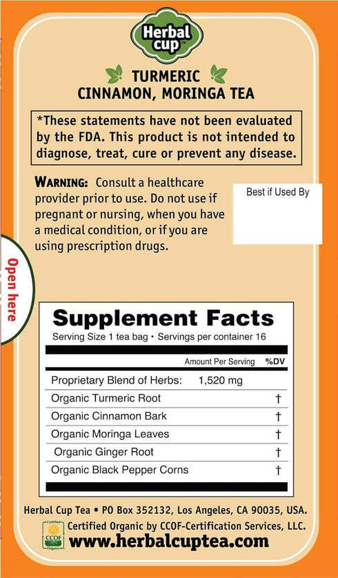 Herbal Cup Ayurveda Turmeric Tea, Organic Cinnamon Moringa, No Caffeine Herbal Supplement, 16 Count