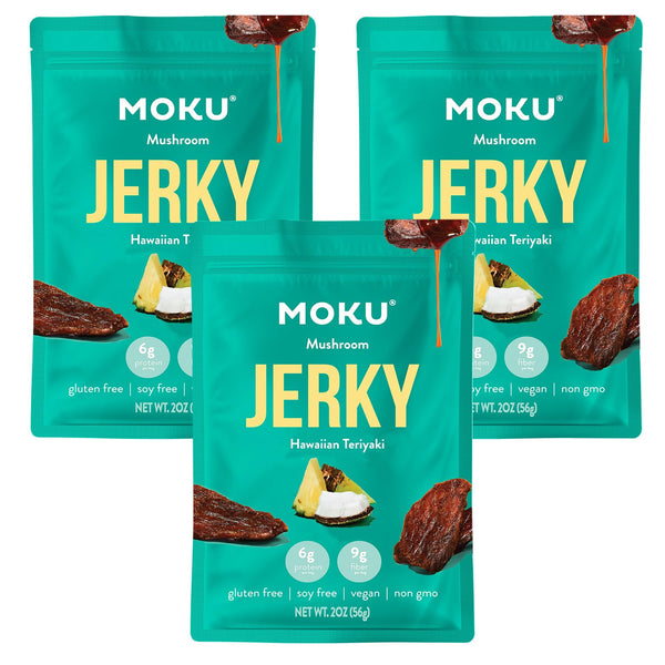 B08QYWMQMoku Plant-Based Mushroom Jerky, Hawaiian Teriyaki (3 Pack), Gluten Free Vegan Snacks, 2.0 Oz Each