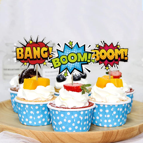 SuperHero Boom Cupcake Toppers 48 Pack, Happy Birthday Cake Decor for Kids Hero Theme Birthday Party Supplies