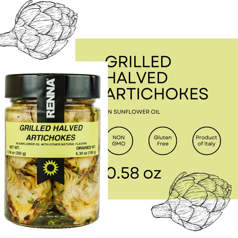 10.58 oz, Renna, Grilled Roasted Halved Artichokes preserved in oil, Heart, Mediterranean flavor, Specialty Imported
