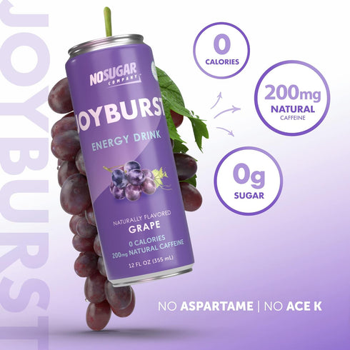 0 0 12 Packs No Sugar Joyburst Energy Drink, Grape, Calorie, Sugar, Sugar Free Energy Drink with Natural Caffeine, Hint