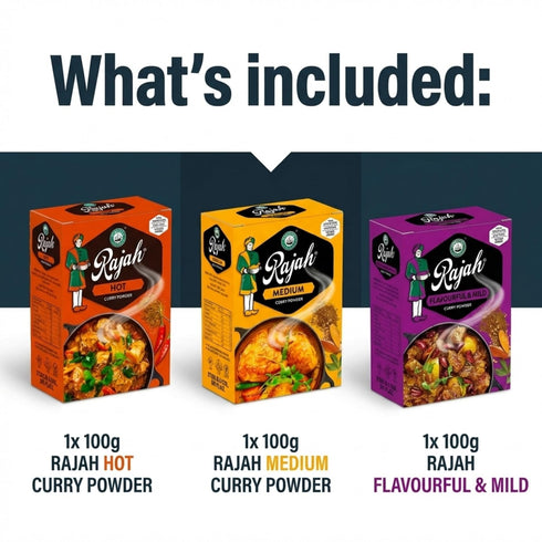 Pack Rajah Curry Powder Variety Bundle - Includes Medium, Hot, and Mild Curry Powders - Authentic South African Spices