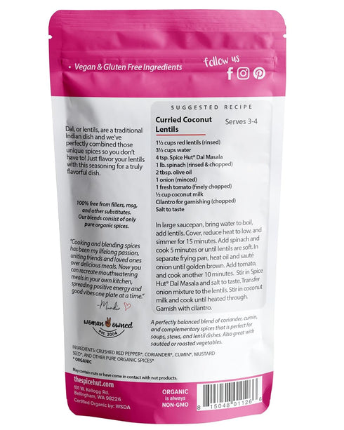 The Spice Hut Organic Dal Masala Seasoning, Quick & Easy Spice Blend for Indian Cooking, 2 oz