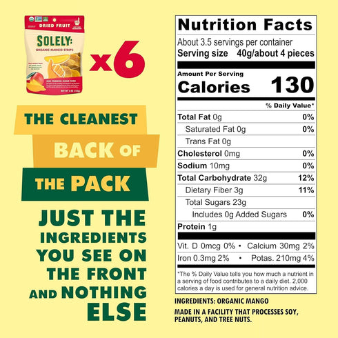 SOLELY Organic Dried Mango Strips - 2.8 oz Resealable Bags, Pack of 4, Healthy Snacks