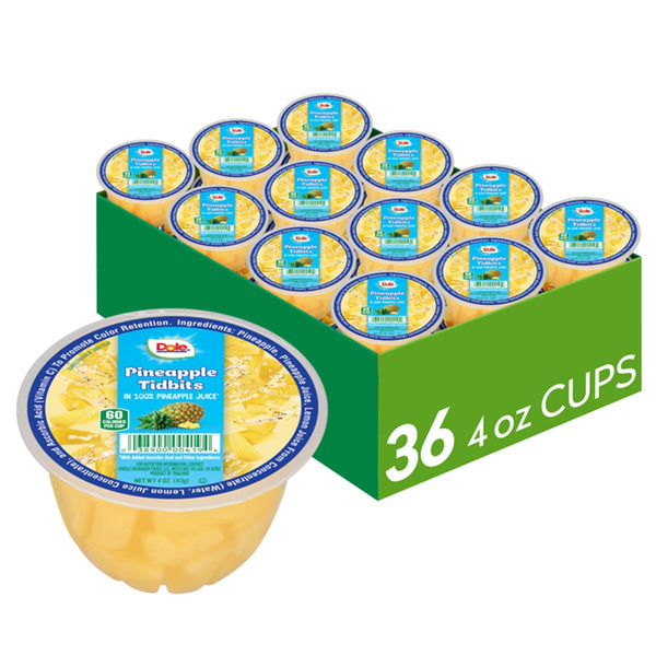 Dole Fruit Bowls Pineapple Tidbits in 100% Juice Snacks, 4oz 36 Total