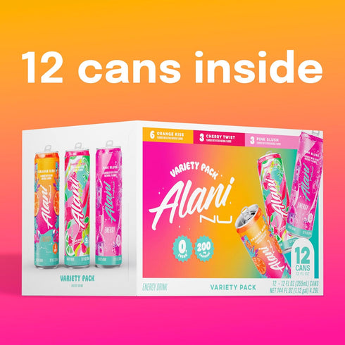 PACK 200mg 10 12 Oz 12 Pack Alani Nu VARIETY CHERRY TWIST, PINK SLUSH, ORANGE KISS Sugar Free, Low Calorie Energy