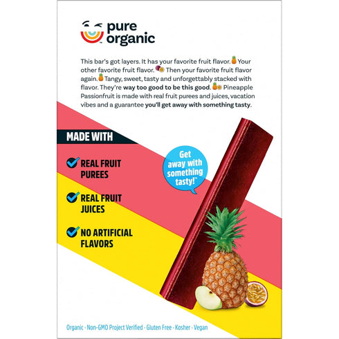 6.2oz (12 Count) Pure Organic, Layered Fruit Bars, Pineapple Passionfruit, Gluten Free and Vegan Fruit Snacks, Box