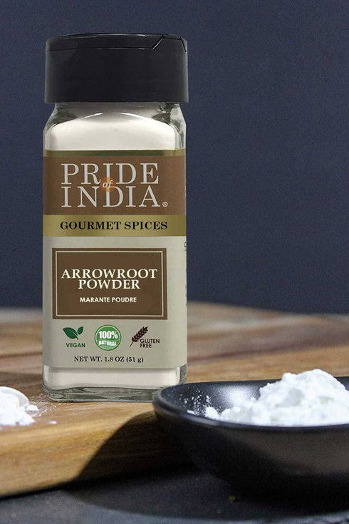 Pride of India Natural Arrowroot Ground Powder, 2oz Dual Sifter Bottle for Sauces & Fritters