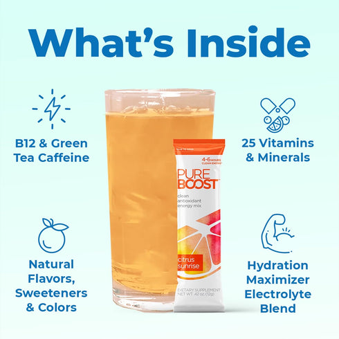 Pack 30 Count, B12 Pureboost Sugar-Free Clean Energy Booster, Combo Refreshing Energy Drink Mix with Vitamins
