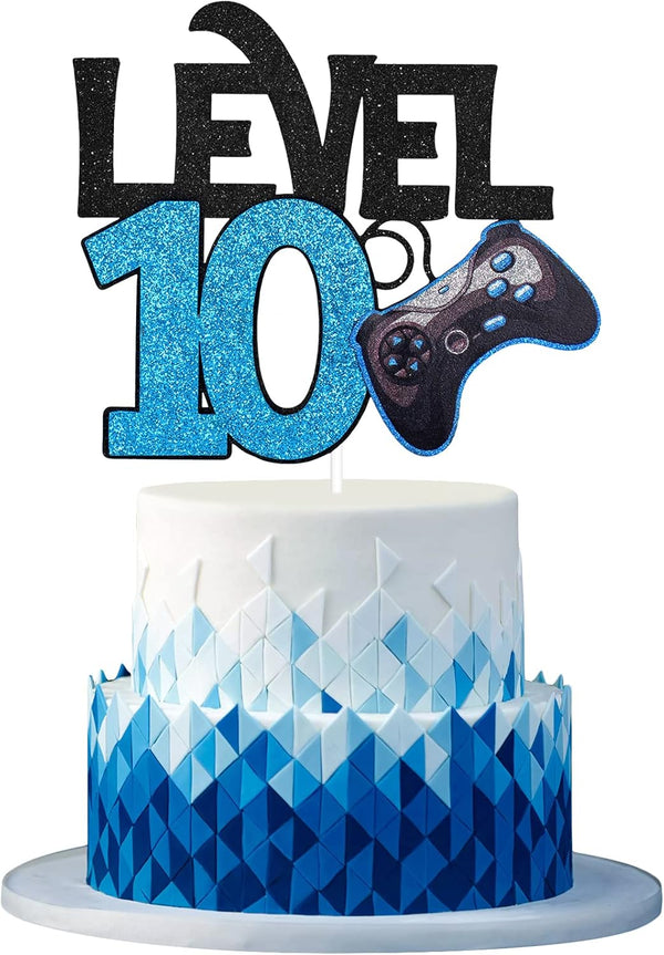 Level 10 Game Birthday Cake Topper - Blue Cake Supplies for Boy's 10th Birthday Level Up Party - Game On Winner