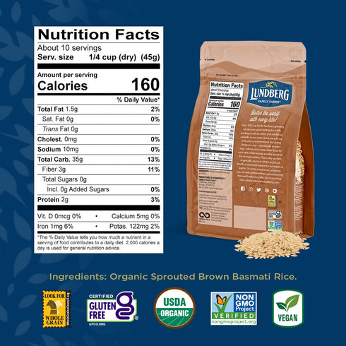 30 16 Oz Lundberg Basmati Rice, Organic Sprouted Brown Long Grain Rice - Nutty & Nutritious Brown Rice Grown
