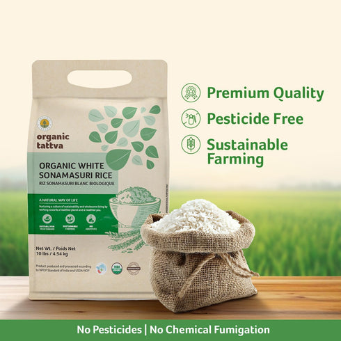 (10 lbs) Organic Tattva Sonamasuri Rice - Organic Medium Grain Rice - Lightweight - Natural Aroma - No Additive - Vegan