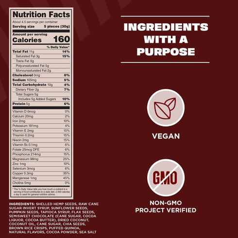 4.6oz 5g 2g 5g 3 6 30g 6-in-1 Manitoba Harvest Superseed Snack Clusters, Dark Chocolate - - Plant Protein, Fiber, Omega