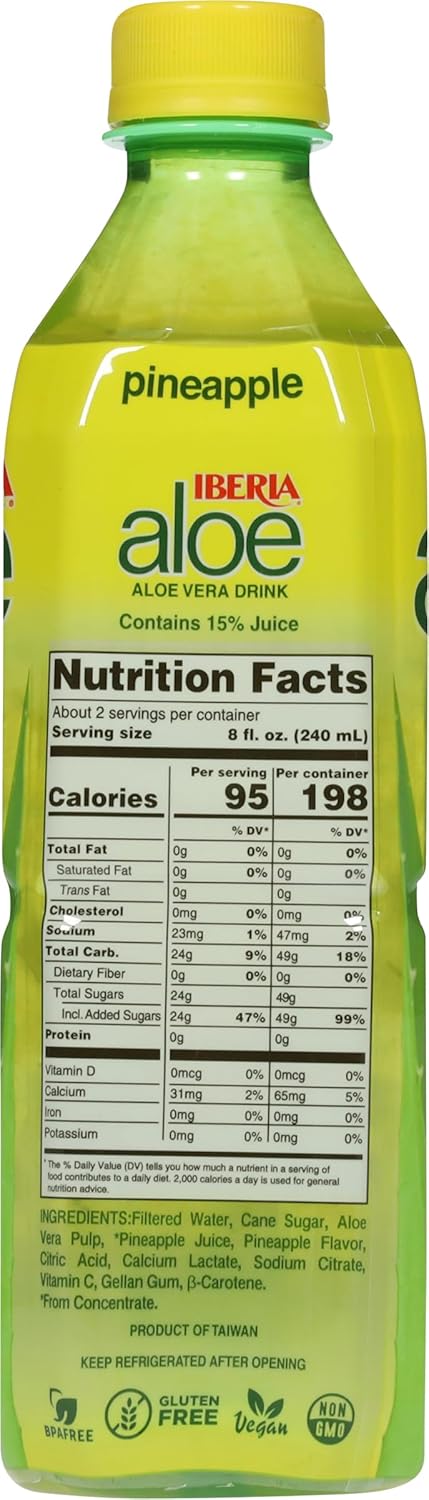 16.9 Oz (Pack 8) Iberia Aloe Vera Juice Drink with Pure Aloe Pulp, Pineapple, Fl