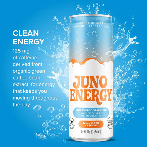 125mg 12 Pack JUNO ENERGY Unflavored Sparkling Energy Drink - Sugar Free, Organic Caffeine from Green Coffee Beans