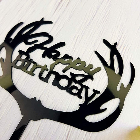 Antlers Happy Birthday Cake Topper Party Decorations (Black Acrylic)