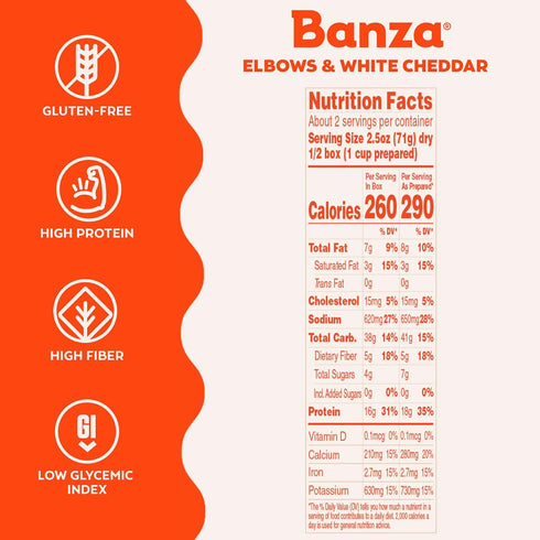 Elbows (Pack 6) Banza Chickpea Pasta Mac & Cheese High Protein Gluten Free Healthy Pasta Mac & Cheese, with White
