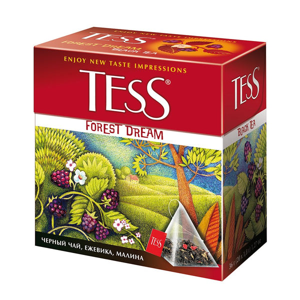 Tess Forest Dream Black Tea Composition, Raspberry and Blueberry Leaf Tea, 20 Pyramid Sachets