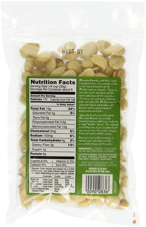 Trader Joe's 6oz. (170g) Trader Joe`s Roasted and Salted Marcona Almonds with Rosemary Net Wt.