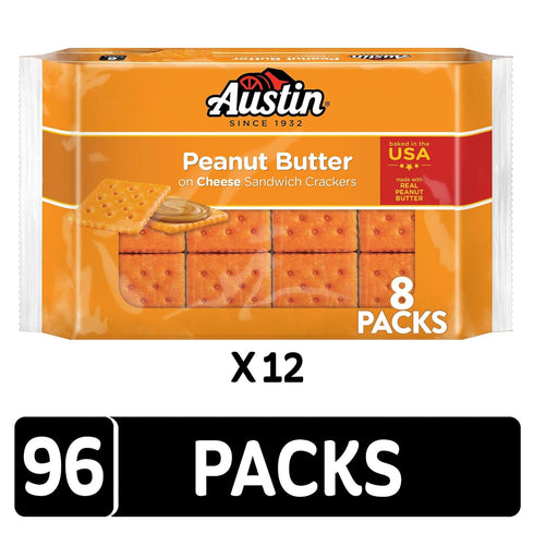 (12 96 Packs) Austin Sandwich Crackers, Single Serve Snack Crackers, Office and Kids Snacks, Peanut Butter on Cheese