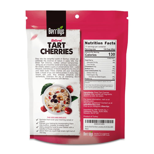 16 oz Berrilys Dried Tart Cherries - Unsweetened, No Sugar Added, Pitted, Unsulfured, No Preservatives, Non-GMO