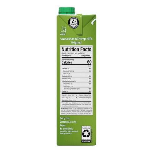 32 oz (Pack 6) Pacific Foods Unsweetened Hemp Milk, Plant Based Milk, Carton