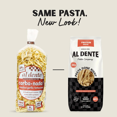 30g 3.5oz Packaging 10oz (Pack 2) Al Dente Protein Pasta Egg & Roasted Garlic Fettuccine - High Protein in Serving