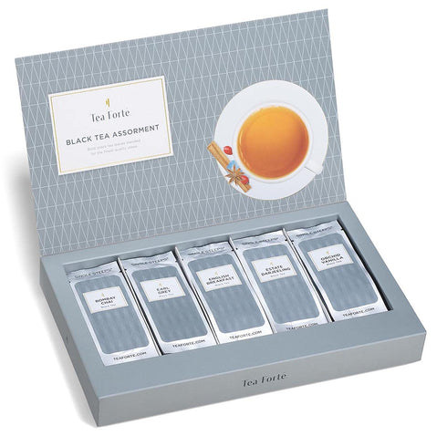 Tea Forte Black Tea Assortment Single Steeps Gift Set Sampler, 15 Count, 3 of Each Assorted Blends, Loose Leaf