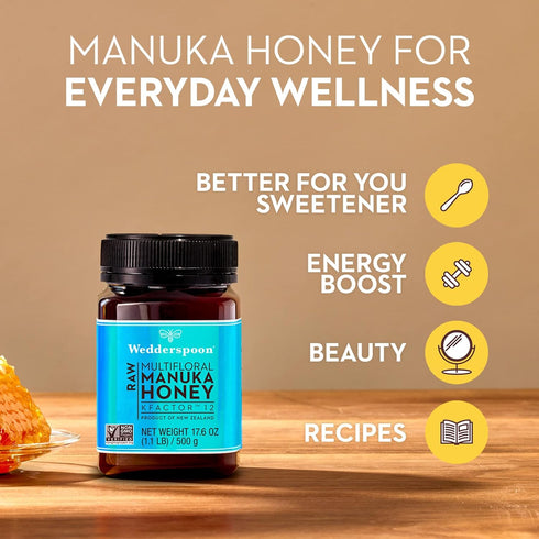 12, 17.6 Oz, Wedderspoon Raw Premium Manuka Honey, KFactor Unpasteurized, Genuine New Zealand Honey, Non-GMO Superfood